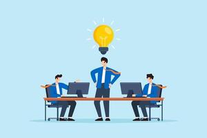 Flat illustration of confident businessman sharing bright idea during team meeting with lightbulb symbolizing innovation and leadership in office workspace vector
