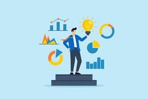 Flat illustration of leader standing on stage while holding lightbulb and analyzing colorful charts representing creative thinking and data-driven decision making vector