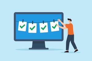 Flat illustration of freelancer hanging completed checkmarks on digital clothesline to symbolize task tracking and remote productivity vector