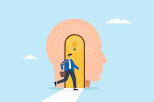 Flat illustration of businessman stepping through open head door with glowing lightbulb representing unlocking new mindset and ideas vector