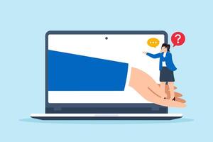 Flat illustration of staff providing online assistance to client with laptop and digital hand support for customer help vector