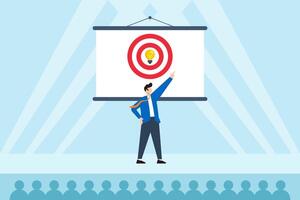 Flat illustration of businessman presenting target lightbulb on large stage screen to symbolize breakthrough idea and strategic vision vector