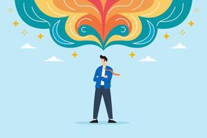 Flat illustration of businessman standing under glowing abstract thoughts representing creativity and problem solving breakthrough vector
