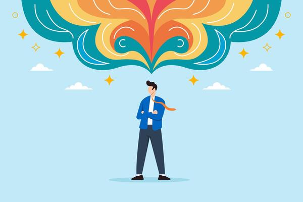 Flat illustration of businessman standing under glowing abstract thoughts representing creativity and problem solving breakthrough