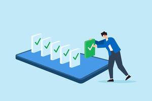 Flat illustration of freelancer arranging task dominos to complete business workflow on smartphone platform vector