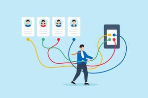 Flat illustration of human resource manager connecting colored wires from candidate profiles to job slot in recruitment panel to match skills and hiring needs vector