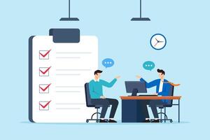 Flat illustration of consultant discussing tasks with client using checklist and desktop computer in office meeting vector