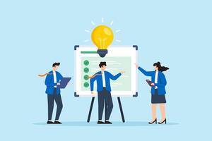 Flat illustration of business team brainstorming with checklist whiteboard and lightbulb representing collaboration and creative planning strategy vector