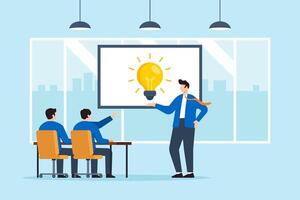 Flat illustration of businessman presenting glowing lightbulb symbol on digital screen during team meeting in modern office workspace vector