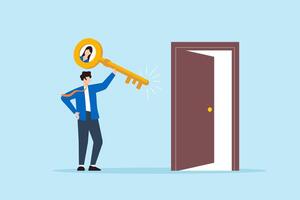 Flat illustration of human resource manager unlocking opportunity door with candidate key to represent job interview and new hire evaluation in recruitment process vector