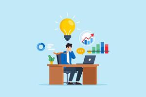Flat illustration of businessman sitting at desk discovering new insight with bright lightbulb and analytics chart while communicating remotely via laptop with speech bubble vector