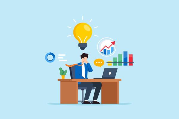 Flat illustration of businessman sitting at desk discovering new insight with bright lightbulb and analytics chart while communicating remotely via laptop with speech bubble