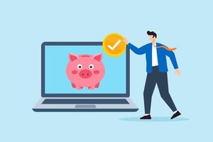 Flat illustration of remote employee dropping checklist coins into progress piggy bank on laptop screen to track task completion and project savings vector