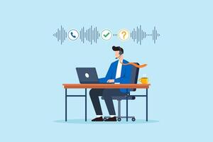 Flat illustration of remote staff answering customer calls with headset and laptop while working from home office desk vector