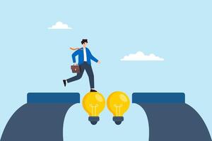 Flat illustration of businessman walking confidently on bridge made of glowing lightbulbs symbolizing ideas and insight vector