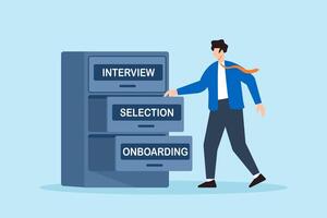 Flat illustration of human resource manager opening filing cabinet drawers labeled interview selection and onboarding to organize recruitment process vector
