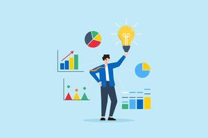 Flat illustration of confident businessman sharing bright idea with lightbulb surrounded by colorful charts and infographic elements representing business strategy and analysis vector