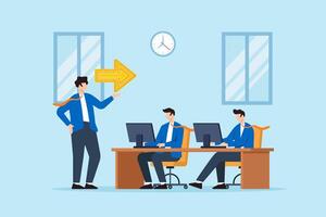 Flat illustration of confident team leader finding solution with glowing yellow arrow while guiding team members working at desks in modern workspace vector