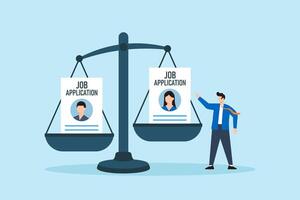 Flat illustration of human resource manager comparing job applications on balance scale to evaluate top candidate for HR recruitment and vacancy selection process vector