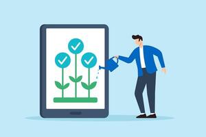 Flat illustration of remote worker watering checklist plants growing from digital tablet to represent productivity growth and task nurturing in online workspace vector
