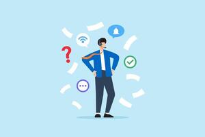Flat illustration of support specialist reviewing remote tickets with headset in multitasking customer service environment vector