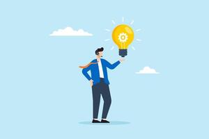Flat illustration of operator providing creative solution with lightbulb idea in customer support and problem solving concept vector