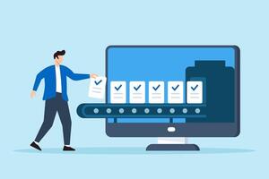 Flat illustration of remote worker filling checklist containers on digital conveyor belt to represent task batching and workflow automation vector