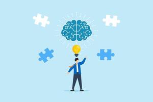 Flat illustration of creative businessman pointing at glowing lightbulb with puzzle pieces and brain symbolizing problem solving and critical thinking vector