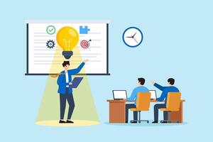 Flat illustration of businessman presenting solution with lightbulb and project icons on screen during team meeting and strategy presentation vector