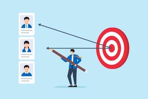 Flat illustration of human resource manager aiming arrows from candidate profiles toward target board to represent job interview selection and recruitment focus vector
