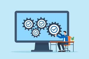 Flat illustration of remote worker assembling checklist gears inside virtual machine on desktop screen to represent task automation and workflow optimization vector