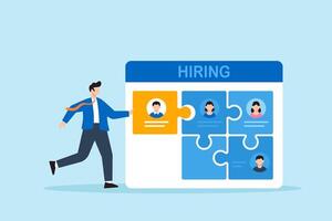 Flat illustration of human resource manager inserting candidate profile into empty job puzzle slot on hiring dashboard to complete recruitment structure vector