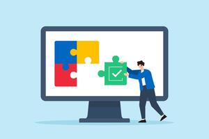 Flat illustration of remote worker assembling checklist puzzle pieces on digital screen to complete online task management process vector