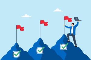 Flat illustration of freelancer placing flags on task mountain peaks while holding laptop to mark project milestones and achievement in remote work journey vector