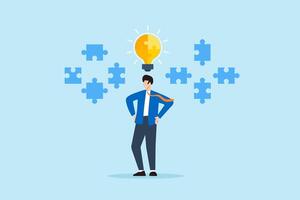 Flat illustration of businessman analyzing floating puzzle pieces around glowing lightbulb symbolizing creative thinking and strategic problem solving vector