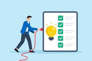 Flat illustration of remote worker plugging cables to light up checklist board with glowing bulb as symbol of productivity and task completion vector
