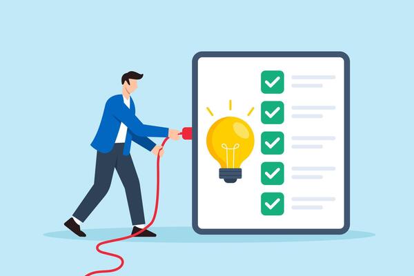 Flat illustration of remote worker plugging cables to light up checklist board with glowing bulb as symbol of productivity and task completion