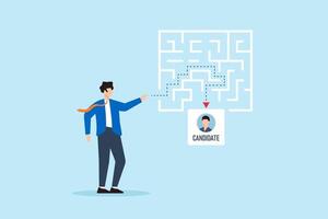 Flat illustration of human resource manager guiding candidate along dotted path through maze representing onboarding journey and recruitment process in corporate hiring vector