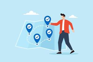 Flat illustration of freelancer navigating task map with checklist icons as destination markers to represent progress tracking and workflow planning vector