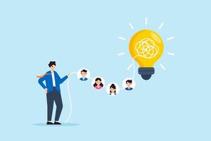 Flat illustration of businessman transforming tangled team connections into glowing structured idea during strategic brainstorming session vector