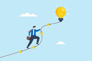 Flat illustration of businessman climbing rope made of glowing lightbulbs toward big solution peak representing expert-driven progress and inspirational success vector