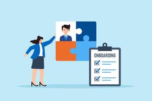 Flat illustration of human resource manager fitting candidate puzzle piece into team structure with onboarding checklist for recruitment process and new hire integration vector