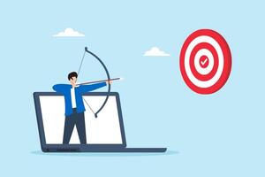Flat illustration of remote worker shooting arrows at business target with checkmark to represent focus and goal achievement in digital workplace vector