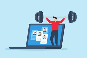 Flat illustration of remote worker lifting heavy weights labeled business tasks inside virtual workspace to represent productivity and workload management vector
