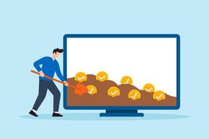 Flat illustration of remote worker digging checklist tokens from soil on screen to symbolize productivity mining and task completion vector