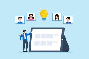 Flat illustration of businessman pointing at digital tablet while collaborating with remote team members to discover innovative solution and share creative ideas vector
