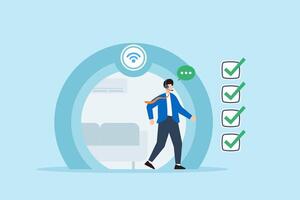 Flat illustration of support specialist communicating task checklist remotely using headset and wireless internet connection vector