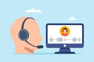 Flat illustration of customer support operator answering voice call using headset and computer in online service communication vector
