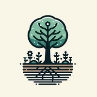 A tree with roots and plants in the middle of the ground vector