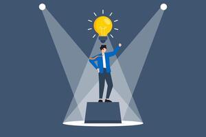 Flat illustration of businessman standing on spotlighted stage finding creative solution with glowing lightbulb symbolizing breakthrough and inspiration vector
